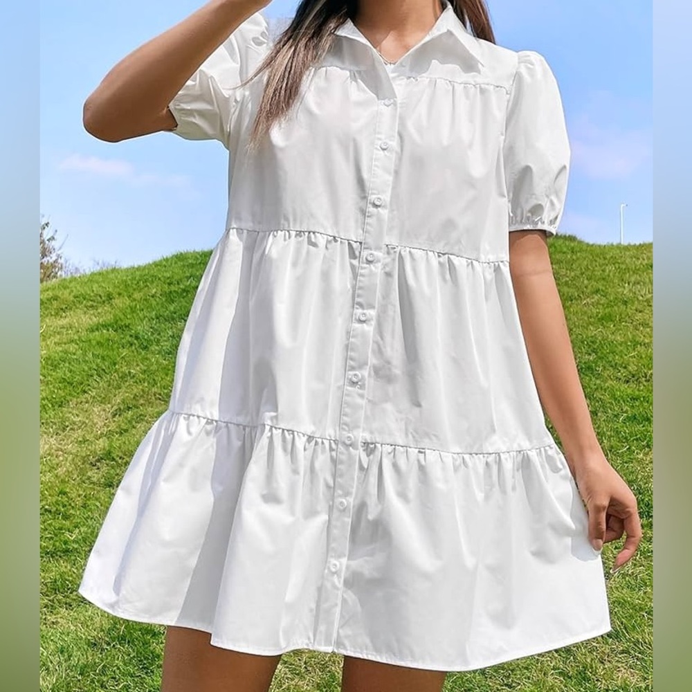 DEREK HEART TIERED BUTTON DOWN POPLIN DRESS